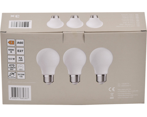 Balení tří LED žárovek A60, patice E27, 4,5 W, 470 lumenů
