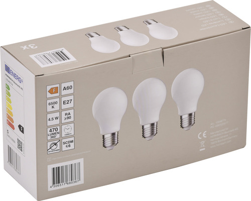 Balení tří LED žárovek, patice E27, tvar A60