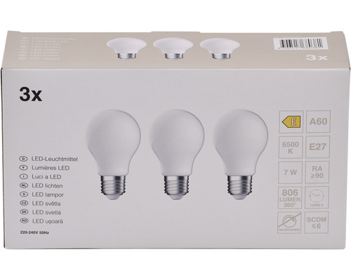 Balení tří LED žárovek E27 7 W
