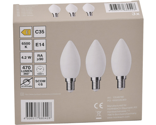Balení tří LED žárovek ve tvaru kapky, patice E14, 4,2 W, 470 lumenů