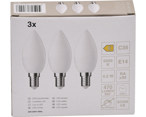 Balení tří LED žárovek, patice E14, tvar C35