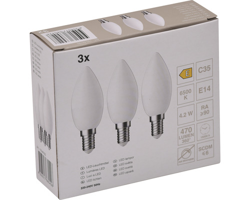 Balení tří LED žárovek ve tvaru svíčky, patice E14