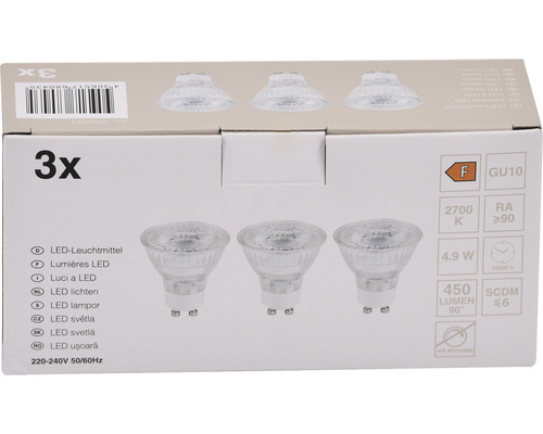 Balení tří LED žárovek s paticí GU10