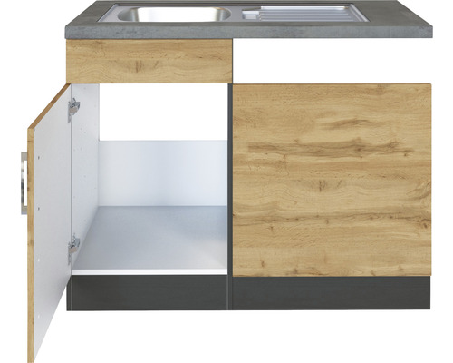 Kuchyňský dřez s otevřenou spodní skříňkou a dřevěným dekorem