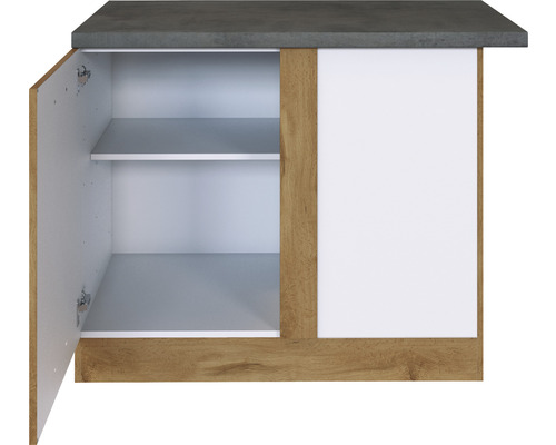 Závěsná skříňka s otevřenými dvířky, dvě police a pracovní deska