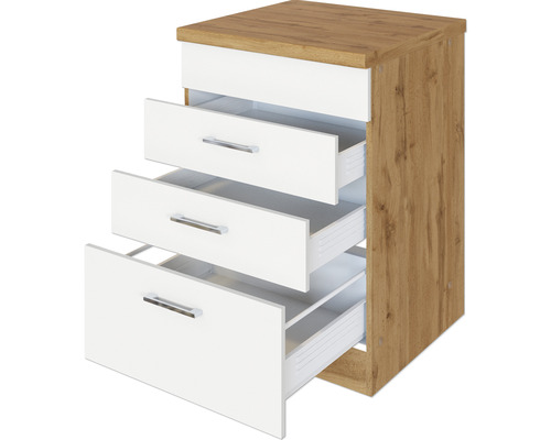 Komoda se třemi otevřenými zásuvkami ve vzhledu dřeva