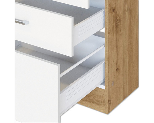 Výsuvná skříň s bílými zásuvkami a dřevěným korpusem