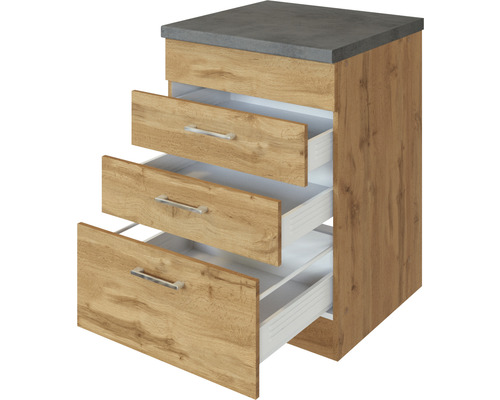 Spodní skříňka se třemi zásuvkami a šedou pracovní deskou