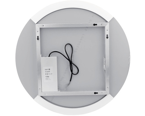 Pohled zezadu na kulaté zrcadlo s LED osvětlením a montážním rámem