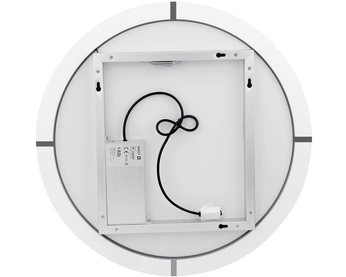 Pohled zezadu na kulaté zrcadlo s LED osvětlením a závěsem