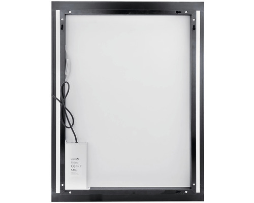 Zadní pohled na obdélníkové zrcadlo s černým rámem a LED osvětlením