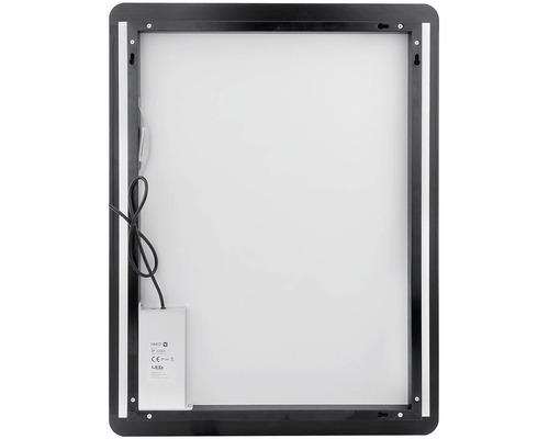 Pohled zezadu na zrcadlo s černým rámem a upevňovacím materiálem