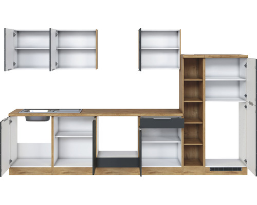 Kuchyňská linka s dřezem, zásuvkou, skříňkami a policemi