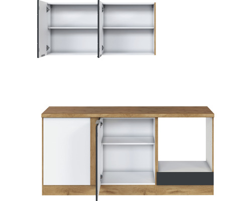 Sestava kuchyňského nábytku se závěsnou skříňkou, spodní skříňkou a otevřenou policí