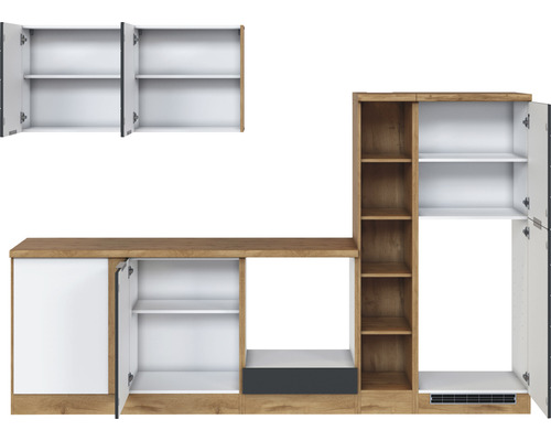 Kuchyňský nábytek se skříňkami a policemi