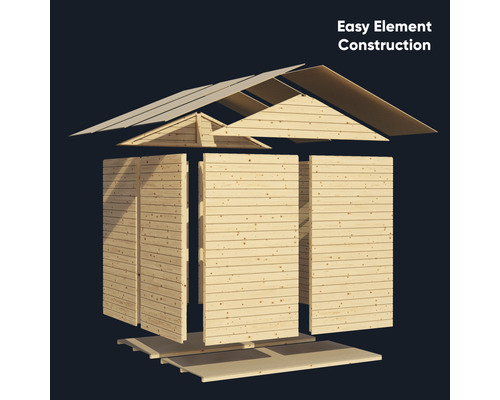 Rozkreslený pohled na zahradní domek s jednoduchou konstrukcí