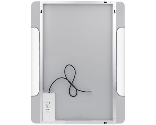 Zadní strana koupelnového zrcadla se závěsem, LED driverem a napájecím kabelem