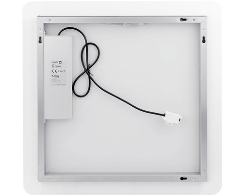 Pohled zezadu na LED zrcadlo s rámem a závěsným zařízením