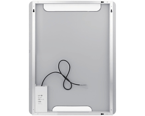 Zadní strana zrcadla s rámem, LED transformátorem a kabelem