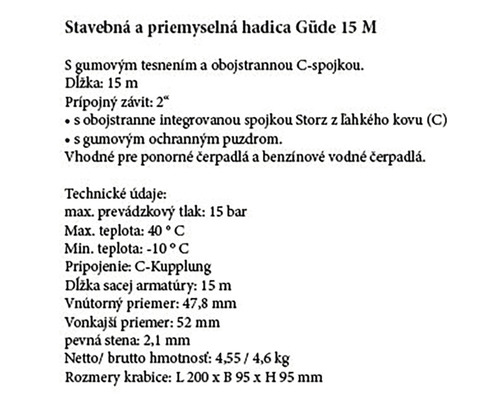 Informace o produktu pro stavební a průmyslovou hadici Güde 15 metrů