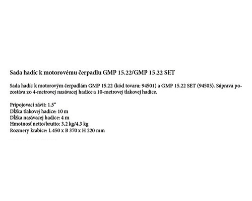 Informace o sadě hadic pro motorové čerpadlo GMP 15.22/GMP 15.22 SET