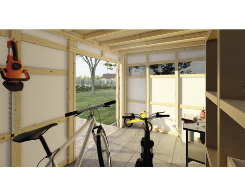 Dřevěný zahradní domek se zahradním nářadím, jízdními koly a regály