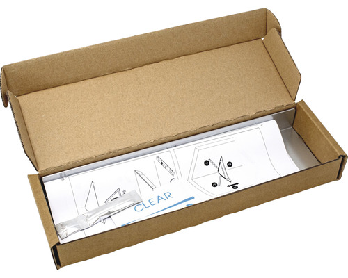 Otevřené balení s montážním návodem a lepidlem pro nástěnnou polici