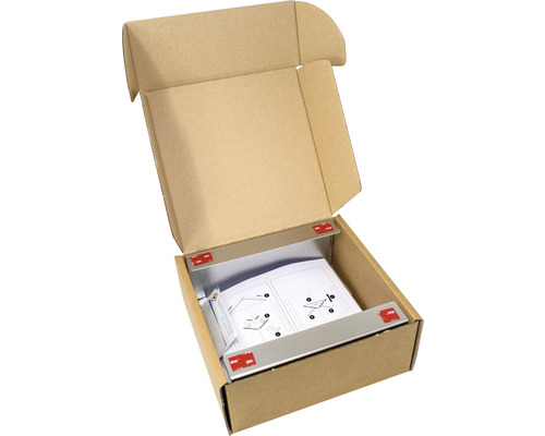 Otevřená kartonová krabice s montážním návodem a montážním materiálem