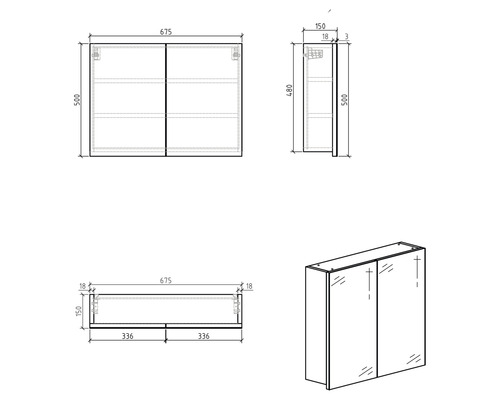 Technický nákres zrcadlové skříňky s rozměry