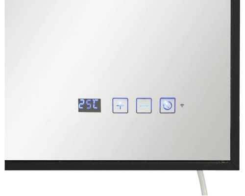 Detailní pohled na zrcadlo s digitálním ukazatelem teploty a dotykovými tlačítky