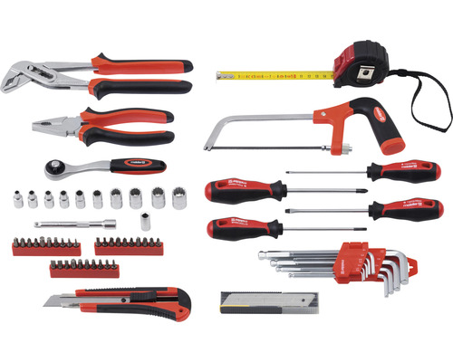 Sada nářadí s kleštěmi, šroubovákem, nastavitelným klíčem, pilkou na kov, klíčem, bity a svinovacím metrem