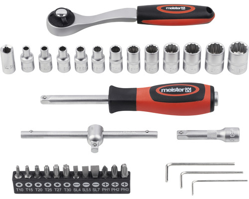 Sada nástrčných klíčů s ráčnou, různými nástrčnými hlavicemi, šroubovákem a bity