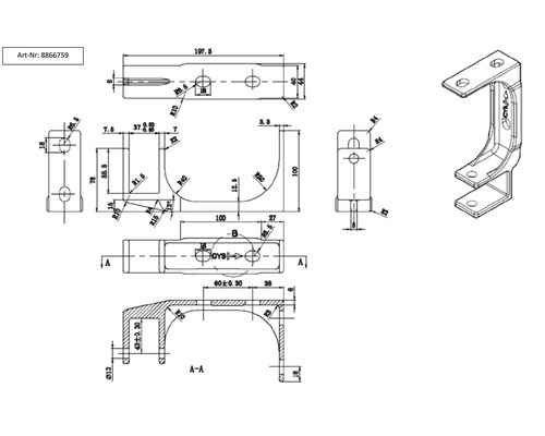 Technický nákres upevňovacího prvku s rozměry