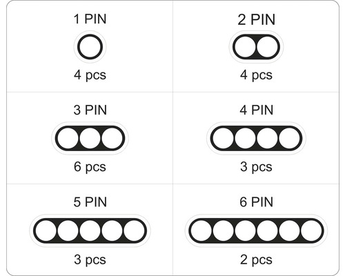 Přehled kolíkových konektorů s počtem kolíků a kusů.