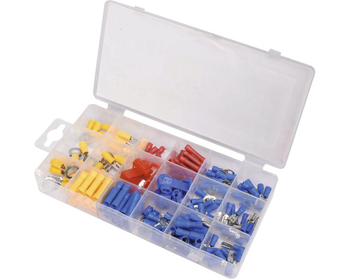 Sortiment kabelových ok a konektorů v průhledné krabičce