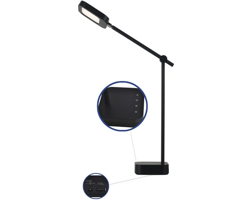 Černá LED stolní lampa s ovládacím panelem a USB portem