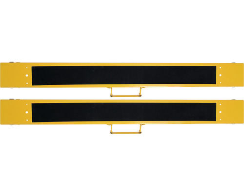 Dvě žluté nájezdové rampy s černým protiskluzovým povrchem a rukojetí pro přenášení.