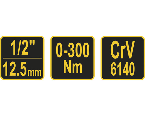 Symboly pro 1/2 palce, 12,5 mm, 0 až 300 newtonmetrů a chrom-vanad 6140
