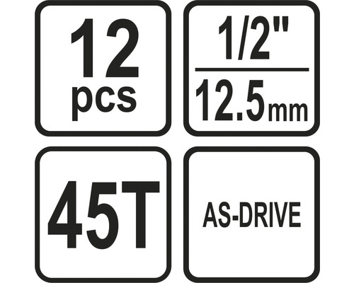Informace o sadě nástrčných klíčů: 12 kusů, 1/2 palce, 12,5 mm, 45 zubů, profil AS-Drive
