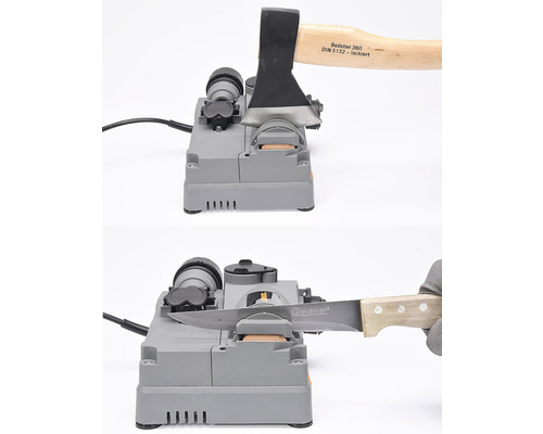 Bruska s blízkým záběrem na sekeru a nůž