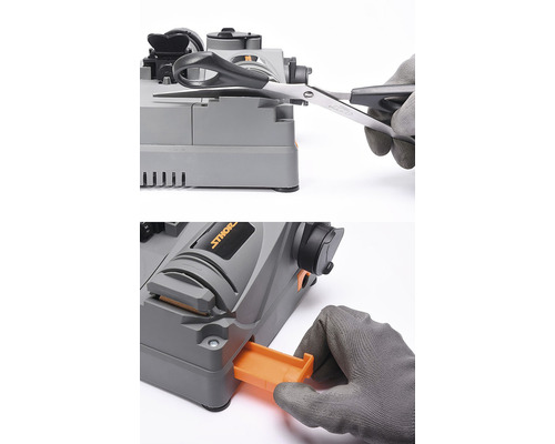 Bruska s rukou při ostření nůžek a vyjímání nádoby na brusný prach.