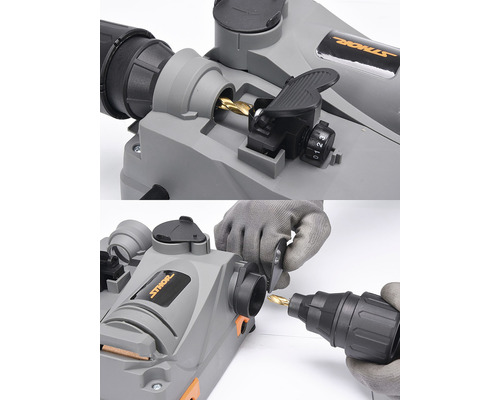 Bruska vrtáků v detailu s vrtákem