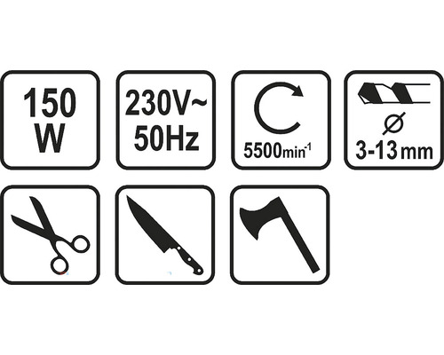 Symboly pro 150 wattů, 230 voltů, 50 hertzů, 5500 otáček za minutu, průměr vrtání 3 až 13 milimetrů, nůžky, nůž a sekera