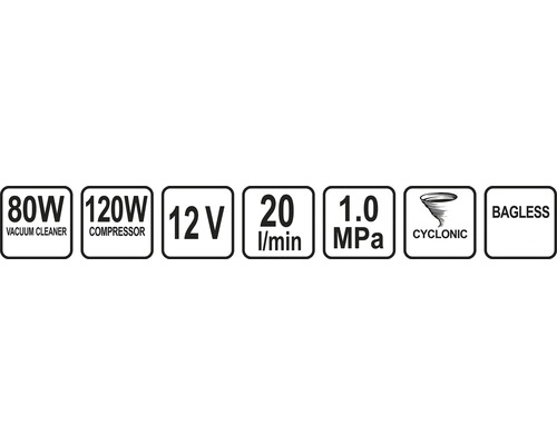Symboly pro vysavač 80 wattu, kompresor 120 wattu, 12 voltů, 20 litrů za minutu, 1.0 megapascalů, cyklónový, bezsáčkový