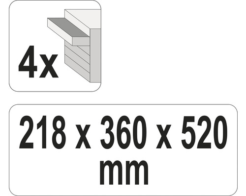 Informace o počtu a velikosti: 4 kusy, 218 x 360 x 520 milimetrů