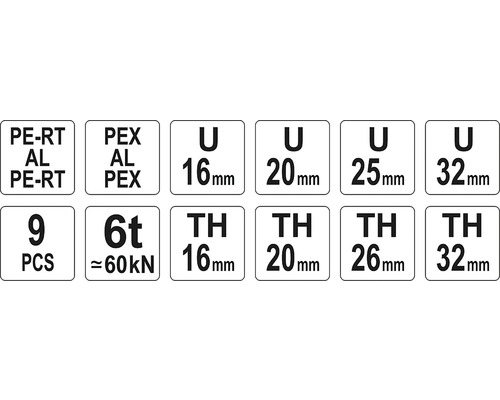 Informace o lisovacích čelistech PE-RT, PEX, U a TH s různými průměry, počtem kusů a tlakem