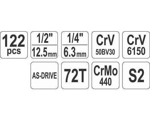 Informace o sadě nástrčných klíčů: 122 kusů, 1/2 palce, 12,5 mm, 1/4 palce, 6,3 mm, chrom-vanad 50BV30, chrom-vanad 6150, AS-Drive, 72 zubů, chrom-molybden 440, S2
