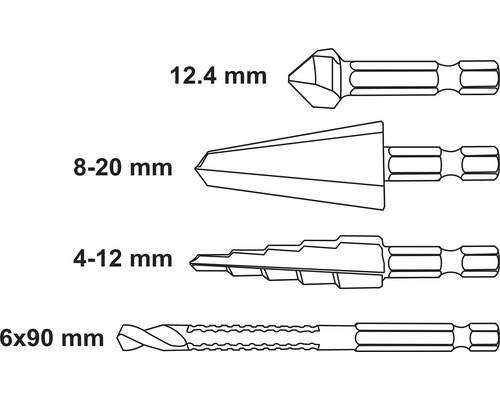 Nákres sady vrtáků s údaji o velikosti