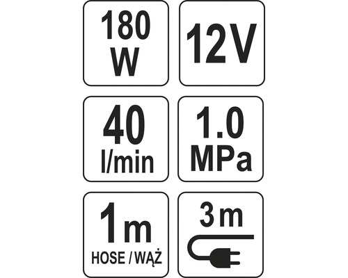 Technické údaje: 180 wattu, 12 voltů, 40 litrů za minutu, 1,0 MPa, 1 metr délka hadice, 3 metry délka kabelu