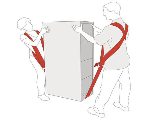 Dvě osoby přenášejí skříň pomocí popruhů na nábytek.